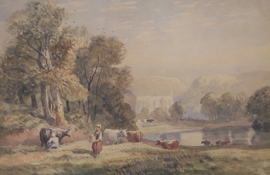 David Cox, O.W.S, (1783-1859), watercolour, Cattle maids in a landscape with abbey ruins beyond, signed, 25 x 37cm